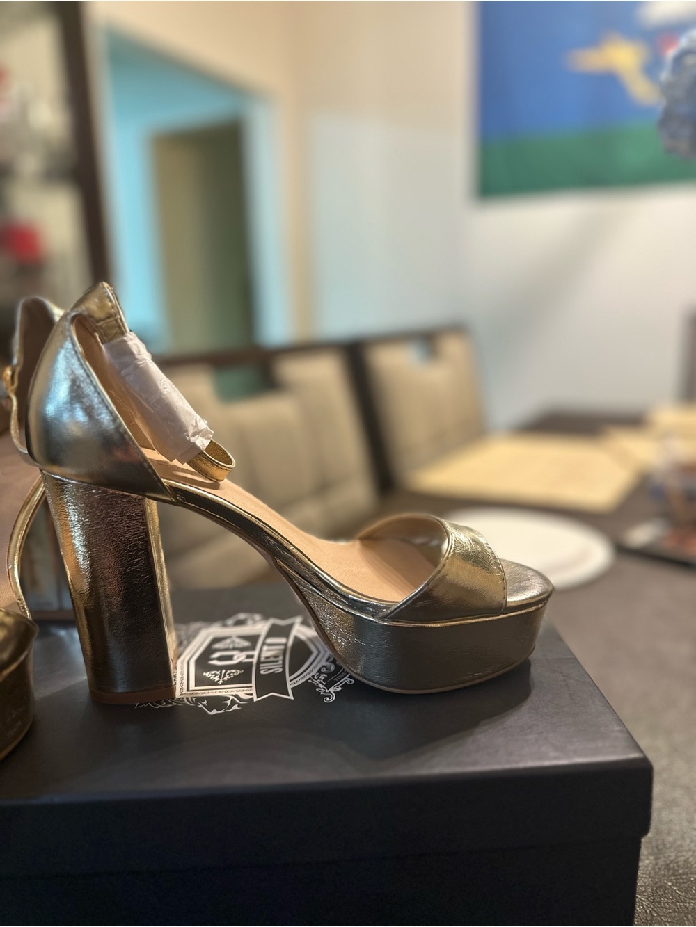 Metallic Gold Platform Block Heel Sandals with Ankle Strap